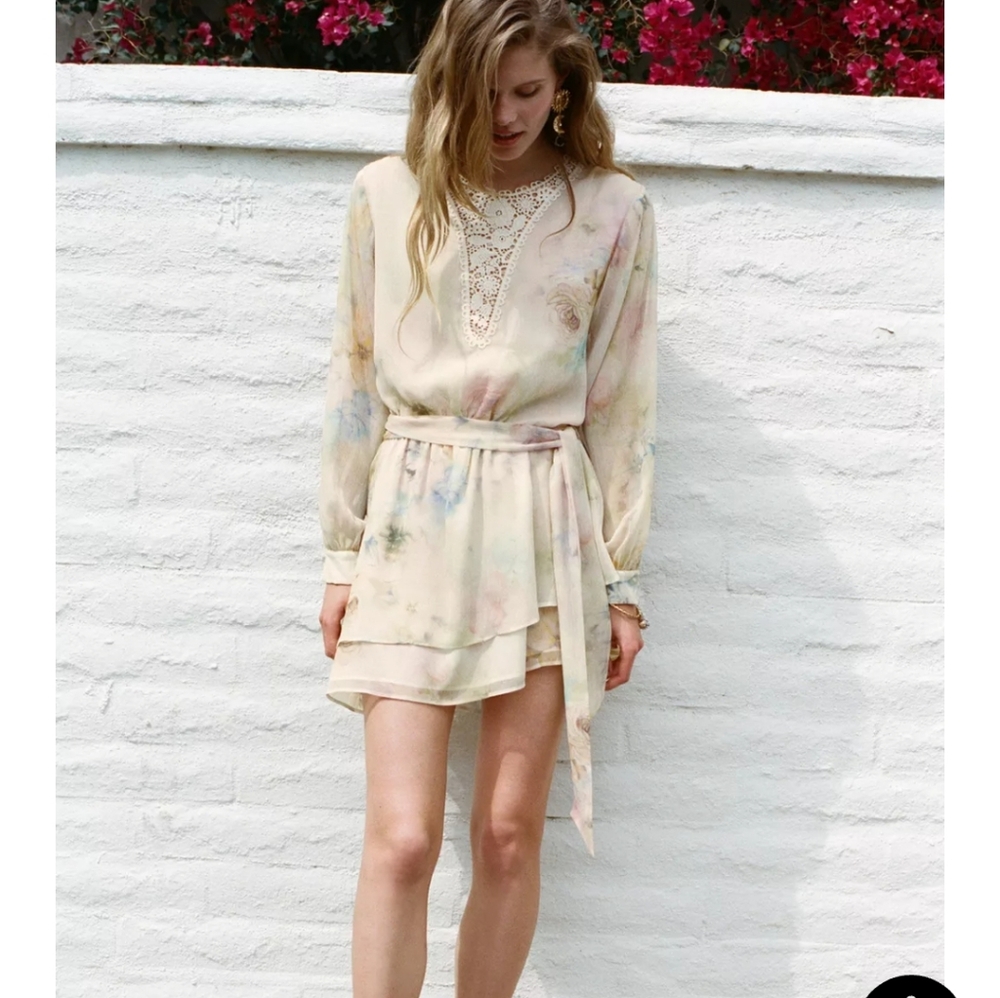 Zara Cream and Pink Floral Crochet Mini Dress